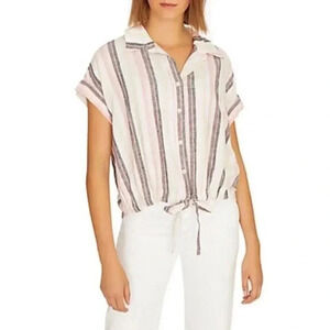 Sanctuary Borrego Tie Front Short Sleeve Striped Shirt S